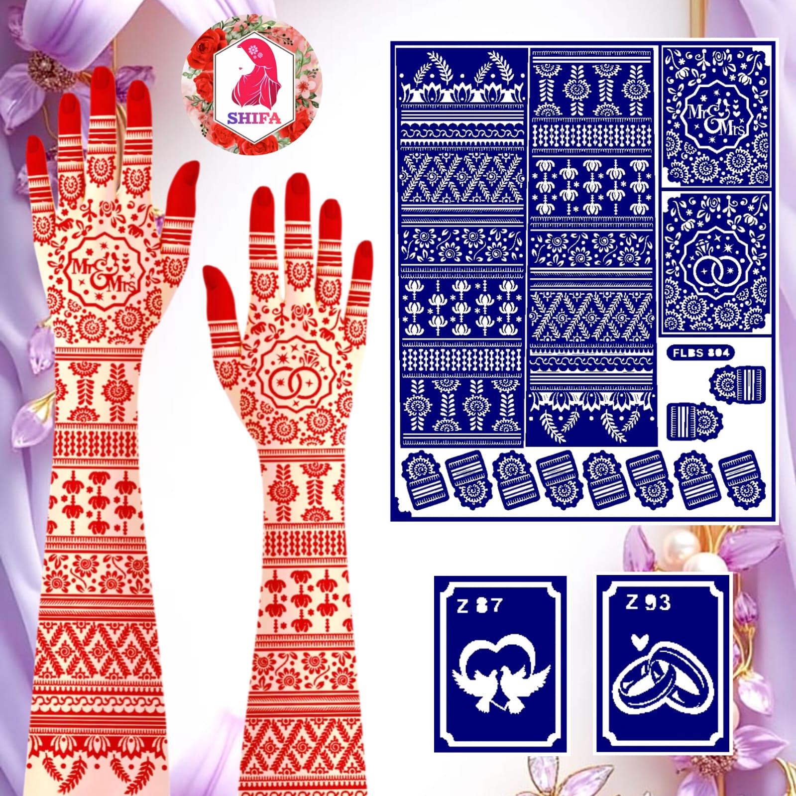 FLBS 804 Mr & Mrs Wedding Royal Set (2z) Sticker Overview Henna Stencil - Shifa Stencil